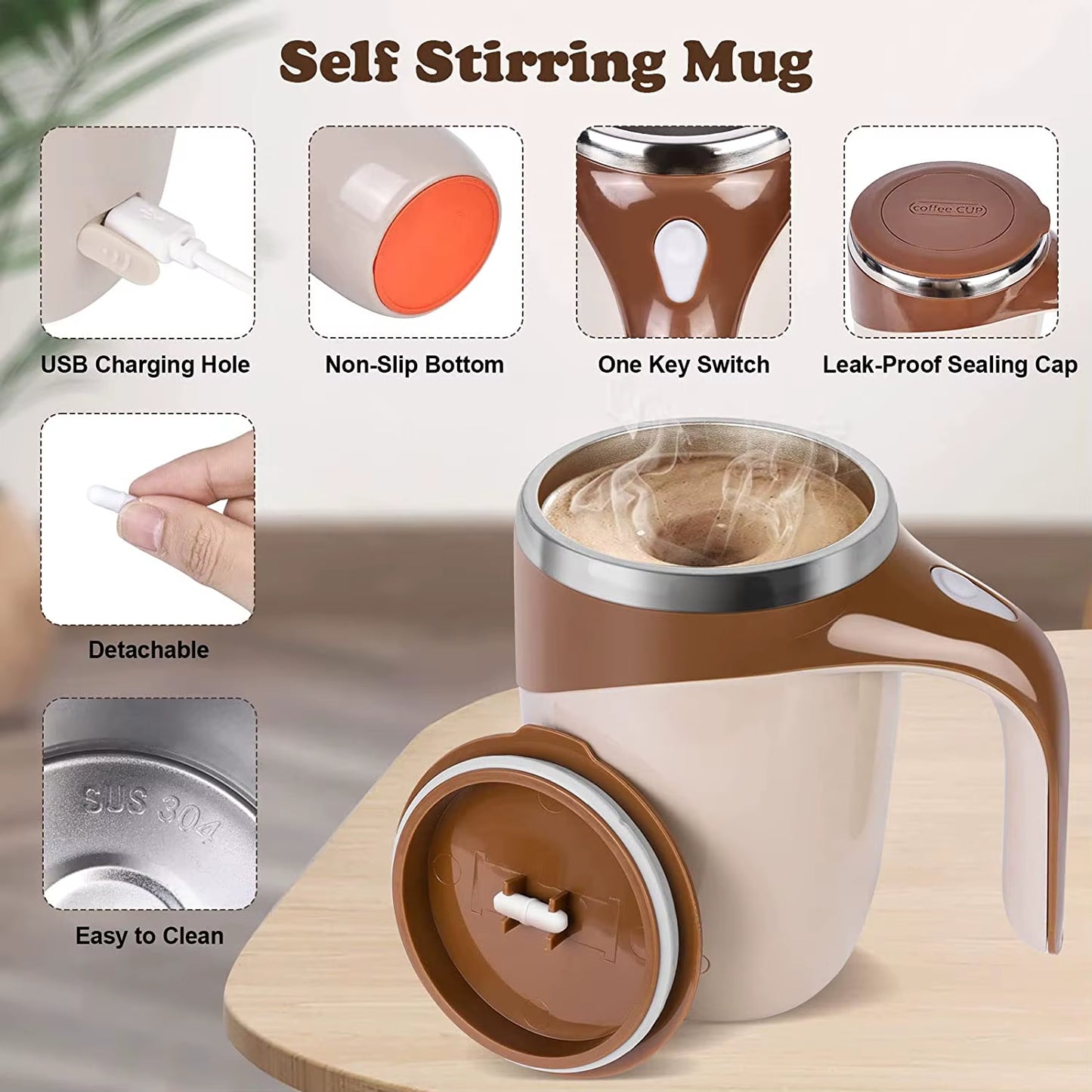 Automatic Mixing Cup Stirring Coffee Mug Electric Milk Mug Stainless Steel Mixing Magnetic Rotating Usb Charging Juice Water Cup